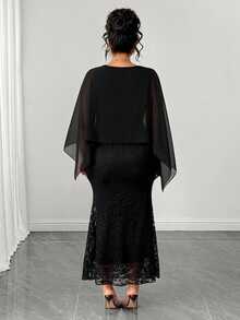 Elenzga Plus Size Women's Cape Sleeve Lace Mermaid Hem Casual Elegant Dress Wedding Cocktail Dinner Evening Formal Party Black Autumn Oktoberfest Outfit Fall - Black - View 2