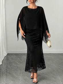Elenzga Plus Size Women's Cape Sleeve Lace Mermaid Hem Casual Elegant Dress Wedding Cocktail Dinner Evening Formal Party Black Autumn Oktoberfest Outfit Fall - Black - View 5