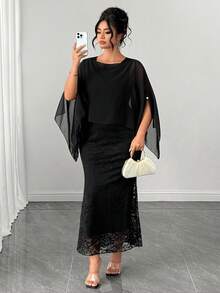 Elenzga Plus Size Women's Cape Sleeve Lace Mermaid Hem Casual Elegant Dress Wedding Cocktail Dinner Evening Formal Party Black Autumn Oktoberfest Outfit Fall - Black - View 6