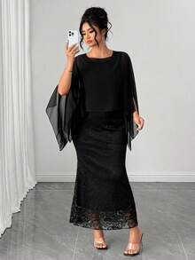 Elenzga Plus Size Women's Cape Sleeve Lace Mermaid Hem Casual Elegant Dress Wedding Cocktail Dinner Evening Formal Party Black Autumn Oktoberfest Outfit Fall - Black - View 4