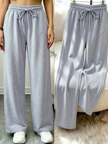 GlowEve CURVE Women's Plus Size Casual Baggy Soft Comfortable Solid Color Elastic Waist Straight Leg Light Gray Sweatpants Gym Formal Spring/Summer Airport - Light Grey - View 3