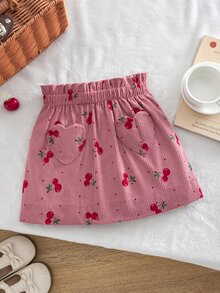 SHEIN 女童編織燈芯絨櫻桃圖案愛心貼布口袋休閒裙 - 粉色 - 查看 3