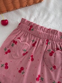 SHEIN 女童編織燈芯絨櫻桃圖案愛心貼布口袋休閒裙 - 粉色 - 查看 6