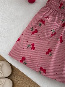 SHEIN 女童編織燈芯絨櫻桃圖案愛心貼布口袋休閒裙 - 粉色 - 查看 7