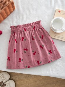 SHEIN 女童編織燈芯絨櫻桃圖案愛心貼布口袋休閒裙 - 粉色 - 查看 4