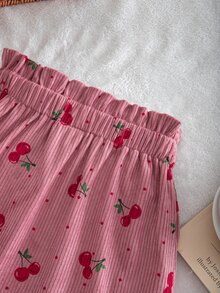 SHEIN 女童編織燈芯絨櫻桃圖案愛心貼布口袋休閒裙 - 粉色 - 查看 5