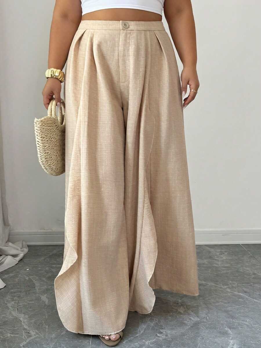 Elenzga Plus Size Women's Solid Color High Pleated Flowy Ruffle Hem Wide Leg Casual Elegant Baggy Pants Formal Vacation Khakis Autumn Fall Wedding Guest Beige - Khaki - View 1