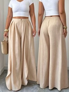 Elenzga Plus Size Women's Solid Color High Pleated Flowy Ruffle Hem Wide Leg Casual Elegant Baggy Pants Formal Vacation Khakis Autumn Fall Wedding Guest Beige - Khaki - View 3