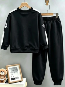 2pcs/Set Teen Boys Colorblock Sweatshirt & Joggers Set, Crew Neck Long Sleeve Pullover, NEW YORK & LA Gothic Letter Print, Thickened For Autumn/Winter, Street Casual Two Pieces Outfit For Kids - Multicolor - View 2