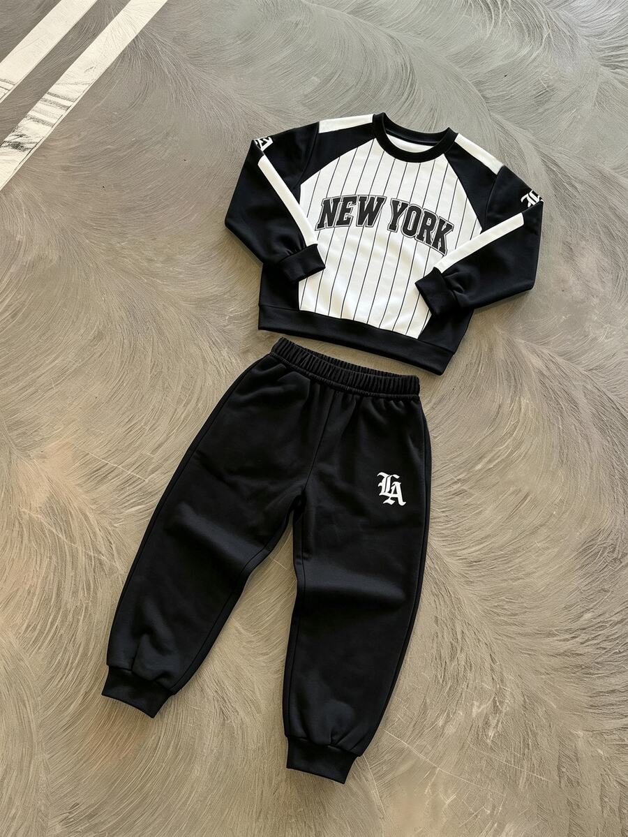 2pcs/Set Teen Boys Colorblock Sweatshirt & Joggers Set, Crew Neck Long Sleeve Pullover, NEW YORK & LA Gothic Letter Print, Thickened For Autumn/Winter, Street Casual Two Pieces Outfit For Kids - Multicolor - View 1