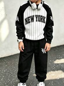 2pcs/Set Teen Boys Colorblock Sweatshirt & Joggers Set, Crew Neck Long Sleeve Pullover, NEW YORK & LA Gothic Letter Print, Thickened For Autumn/Winter, Street Casual Two Pieces Outfit For Kids - Multicolor - View 5