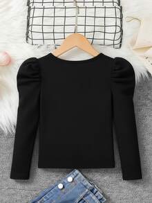 Tween Girl Solid Color Pleated Casual Daily Long Sleeve T-Shirt - Black - View 8
