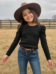 Tween Girl Solid Color Pleated Casual Daily Long Sleeve T-Shirt - Black - View 4