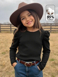 Tween Girl Solid Color Pleated Casual Daily Long Sleeve T-Shirt - Black - View 1