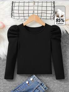 Tween Girl Solid Color Pleated Casual Daily Long Sleeve T-Shirt - Black - View 7