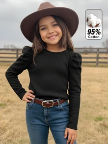 Tween Girl Solid Color Pleated Casual Daily Long Sleeve T-Shirt - Black - View 2