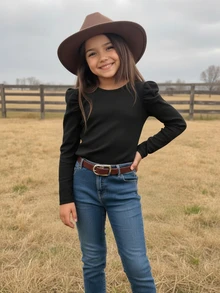 Tween Girl Solid Color Pleated Casual Daily Long Sleeve T-Shirt - Black - View 5