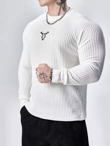 Sport MetroGents 男士休闲简约牛头印花运动长袖 T 恤 - 白色 - 查看 4