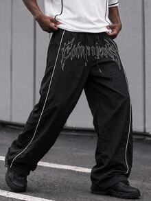 GymRaken Men's Plus Size Drawstring Waist Letter Print Casual Daily Travel Sports Long Pants - Black - View 1