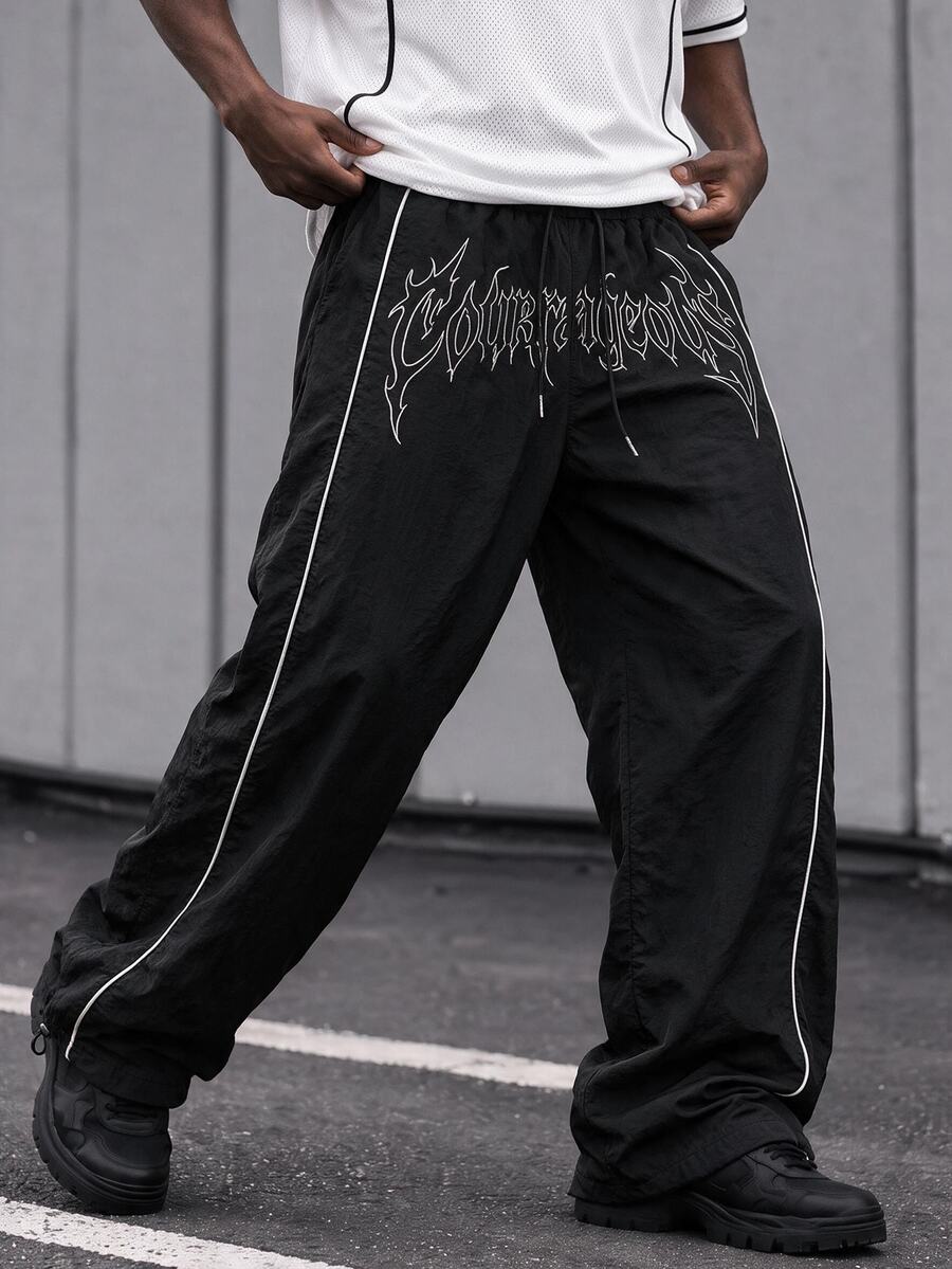 GymRaken Men's Plus Size Drawstring Waist Letter Print Casual Daily Travel Sports Long Pants - Black - View 1