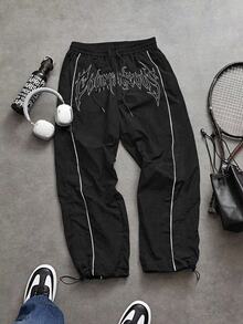 GymRaken Men's Plus Size Drawstring Waist Letter Print Casual Daily Travel Sports Long Pants - Black - View 2