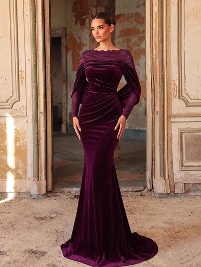 Aureia Elegant Burgundy Lace & Velvet Patchwork Long Sleeve Ruffle Mermaid Floor Length Formal Evening Gown With Train, Suitable For Wedding Guests, Bridesmaids, Proms And Other Occasions, Autumn/Winter Women's Dress