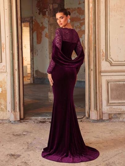 Aureia Elegant Burgundy Lace & Velvet Patchwork Long Sleeve Ruffle Mermaid Floor Length Formal Evening Gown With Train, Suitable For Wedding Guests, Bridesmaids, Proms And Other Occasions, Autumn/Winter Women's Dress