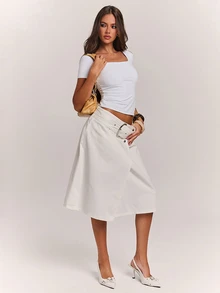 SHEIN BAE Fall& Winter Women's Sexy Vacation Denim Skirt With Back Slit Elegant - Beige - View 1