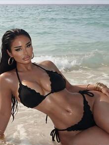 SHEIN Swim Women Solid Color Sexy High Stretch Frill Trim Bikini Set, For Vacation For Summer - Black - View 5