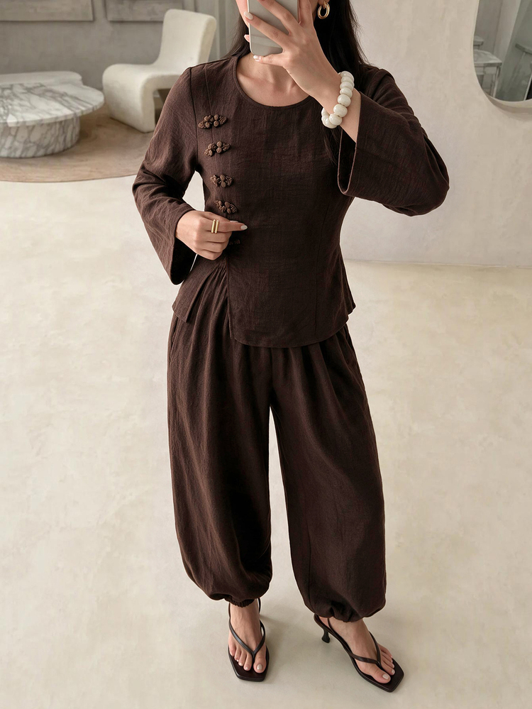 Rue Lumi Women's Long Sleeve Vintage Matching Elegant Blouse With Frog Buttons For Vacation Everyday Family Dark Brown Autumn - Coffee Brown - View 3