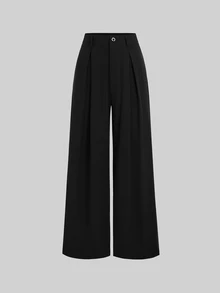 SHEIN PETITE Women's Black Casual Minimalist Comfortable Versatile Straight Leg Short Length Trousers - Black - View 1
