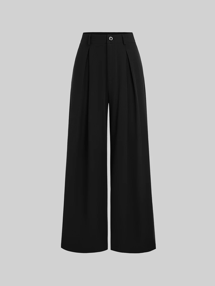 SHEIN PETITE Women's Black Casual Minimalist Comfortable Versatile Straight Leg Short Length Trousers - Black - View 1