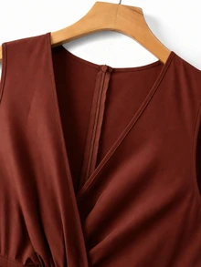 GlowEve CURVE Plus Size Women's Elegant Solid Color V-Neck Sleeveless Gold Decor Waist Buckle Cinched Waist Wide Leg Jumpsuit, Suitable For Spring/Summer Commuting And Daily Wear - Brown - View 5