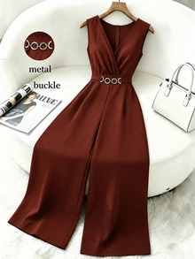 GlowEve CURVE Plus Size Women's Elegant Solid Color V-Neck Sleeveless Gold Decor Waist Buckle Cinched Waist Wide Leg Jumpsuit, Suitable For Spring/Summer Commuting And Daily Wear - Brown - View 8