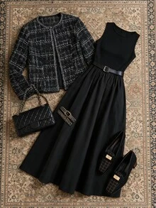 Grovea Plus Size Women's Elegant Commuter Round Neck Sleeveless Dress And Plaid Jacket 2 Pieces Set - Black - View 1