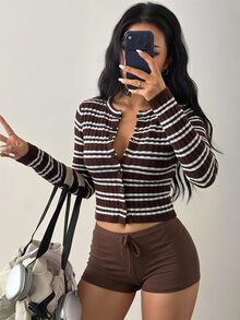 Dewbera Dewbera Women's Striped Long Sleeve Single-Breasted Knit Cardigan - Multicolor - View 3