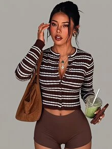 Dewbera Dewbera Women's Striped Long Sleeve Single-Breasted Knit Cardigan - Multicolor - View 1