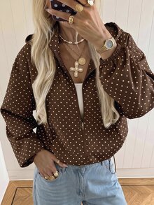 SHEIN EZwear 女款波點長袖拉鍊休閒連帽外套 - 棕色 - 查看 1