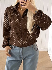 SHEIN EZwear 女款波點長袖拉鍊休閒連帽外套 - 棕色 - 查看 9