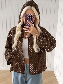 SHEIN EZwear 女款波點長袖拉鍊休閒連帽外套 - 棕色 - 查看 5