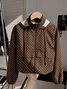 SHEIN EZwear 女款波點長袖拉鍊休閒連帽外套 - 棕色 - 查看 6