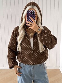 SHEIN EZwear 女款波點長袖拉鍊休閒連帽外套 - 棕色 - 查看 7