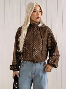 SHEIN EZwear 女款波點長袖拉鍊休閒連帽外套 - 棕色 - 查看 4