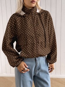 SHEIN EZwear 女款波點長袖拉鍊休閒連帽外套 - 棕色 - 查看 3