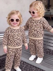 SHEIN Baby Girl Leopard Print Long Sleeve Autumn Top And Pants Casual Daily Outfit Set - Khaki - View 1