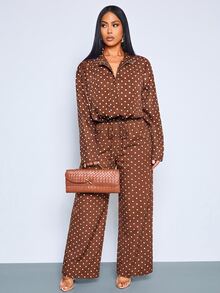 SOLERSUN Women's Polka Dot Pattern Zipper Front Jacket And Pants Casual Set - Rust Brown - View 9