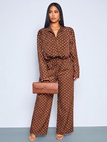 SOLERSUN Women's Polka Dot Pattern Zipper Front Jacket And Pants Casual Set - Rust Brown - View 6