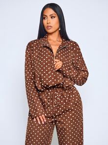 SOLERSUN Women's Polka Dot Pattern Zipper Front Jacket And Pants Casual Set - Rust Brown - View 3