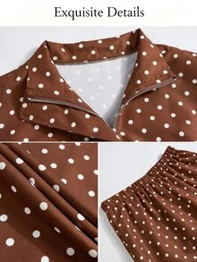 SOLERSUN Women's Polka Dot Pattern Zipper Front Jacket And Pants Casual Set - Rust Brown - View 7