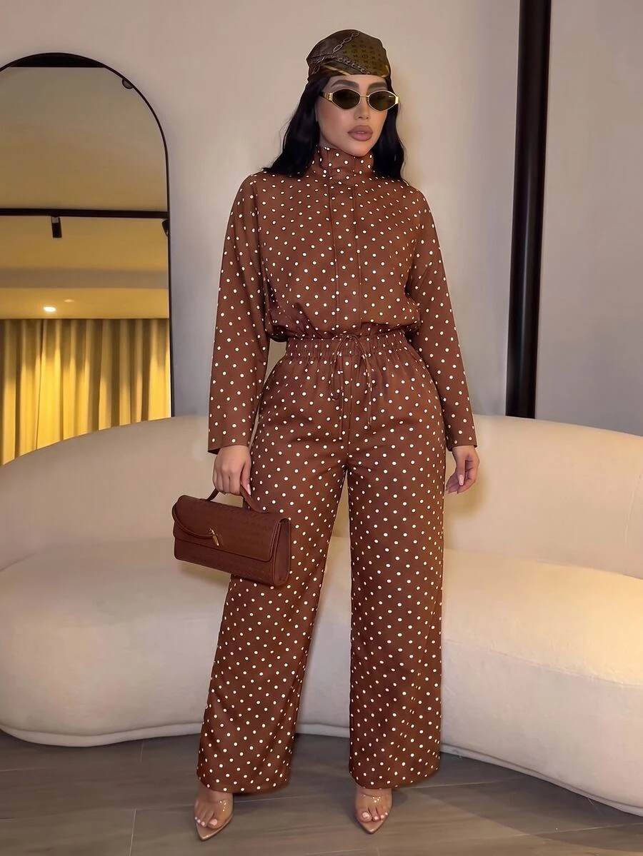 SOLERSUN Women's Polka Dot Pattern Zipper Front Jacket And Pants Casual Set - Rust Brown - View 1